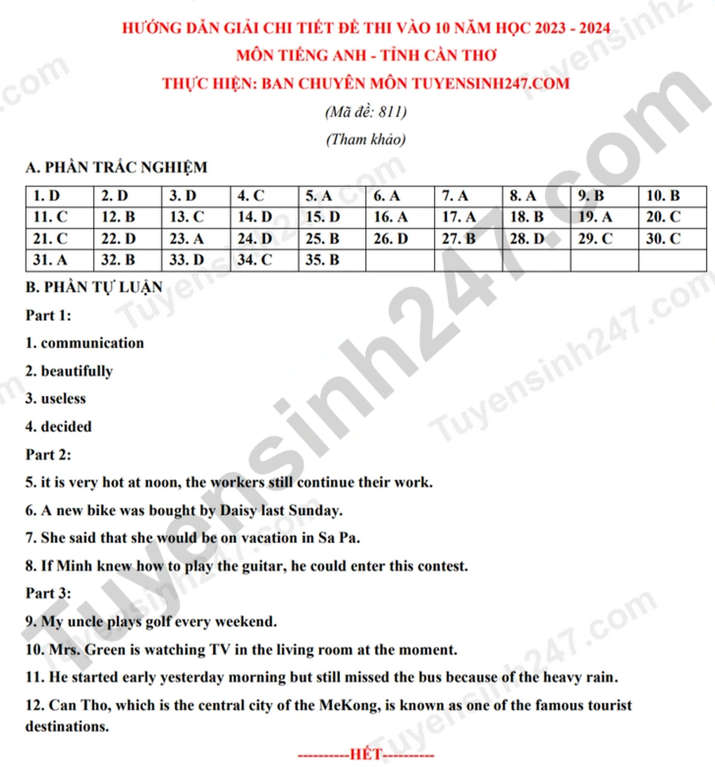 Đáp án đầy đủ môn tiếng Anh thi vào lớp 10 TP Cần Thơ - 1 Đáp án đầy đủ môn tiếng Anh thi vào lớp 10 TP Cần Thơ - 1