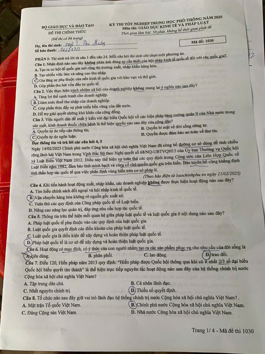 Mise à jour : Réponses suggérées pour tous les codes d'examen de l'enseignement économique et juridique - 1 Cập nhật: Gợi ý đáp án toàn bộ các mã đề môn giáo dục kinh tế và pháp luật - 1