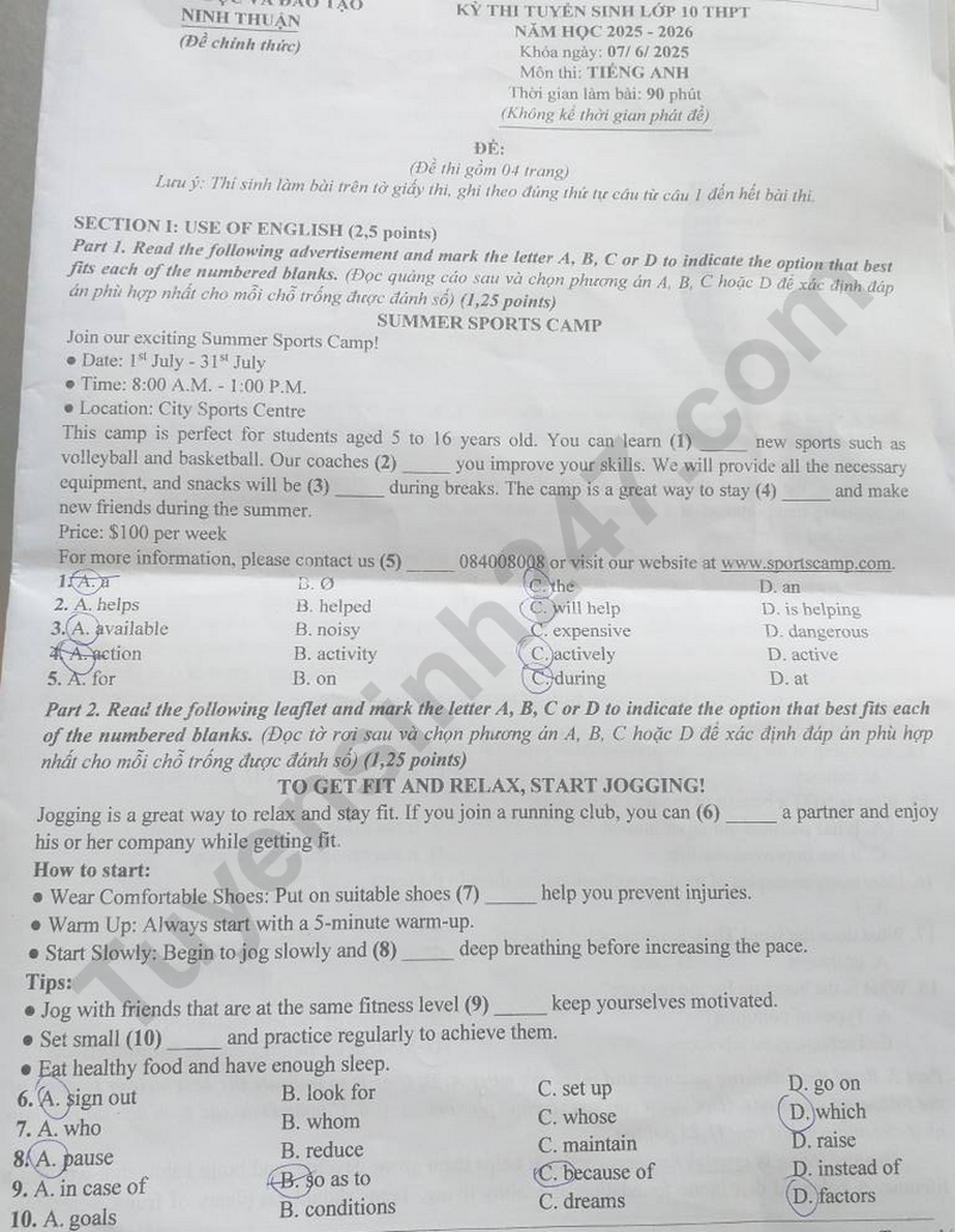 Đề và đáp án các môn thi vào lớp 10 của Ninh Thuận - 1 Đề và đáp án các môn thi vào lớp 10 của Ninh Thuận - 1
