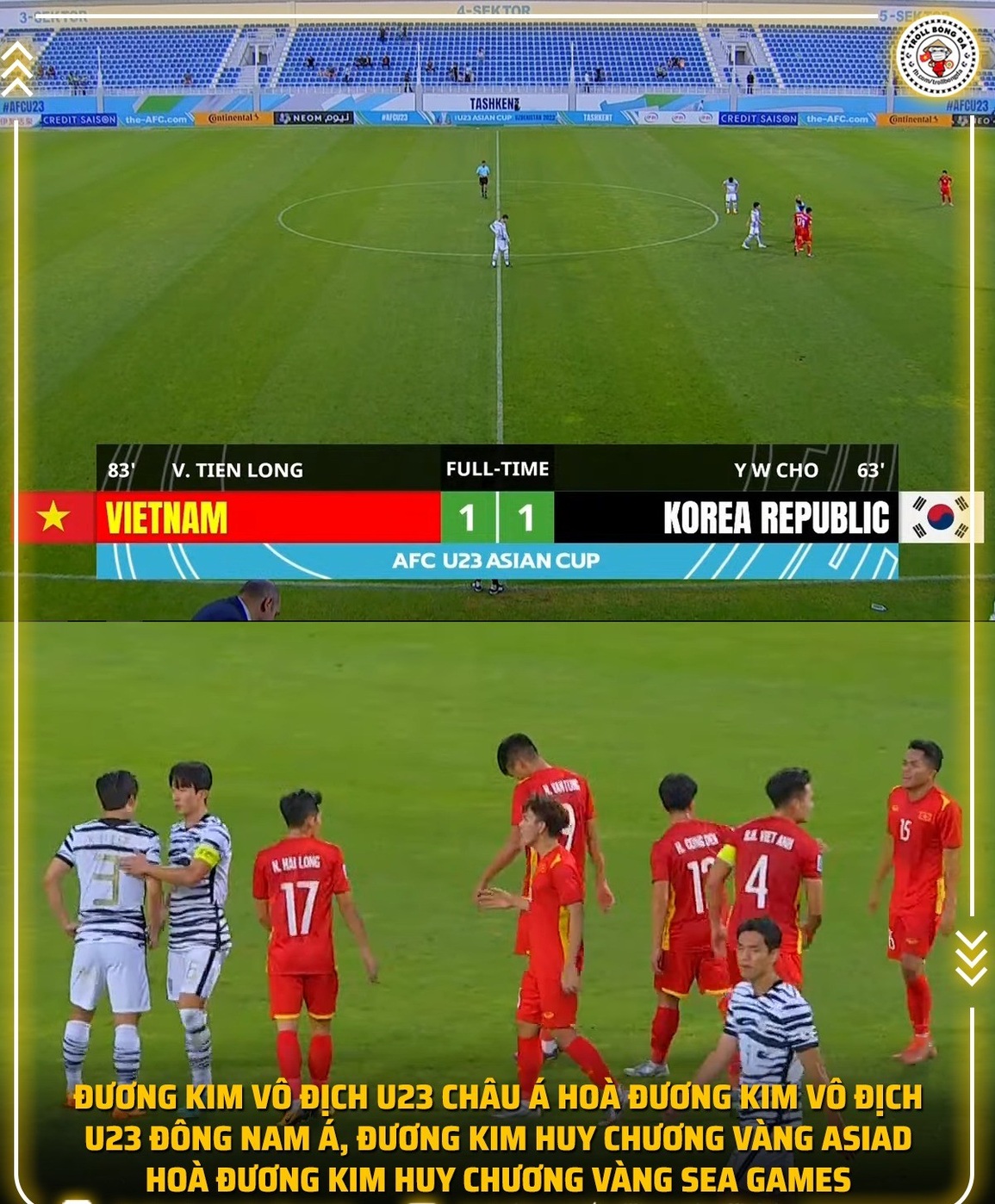 Trận đấu giữa U23 Việt Nam và U23 Hàn Quốc là trận đấu giữa những nhà đương kim vô địch, dù mức độ vô địch của các giải đấu là khác nhau (Ảnh: Troll bóng đá). Trận đấu giữa U23 Việt Nam và U23 Hàn Quốc là trận đấu giữa những nhà đương kim vô địch, dù mức độ vô địch của các giải đấu là khác nhau (Ảnh: Troll bóng đá).