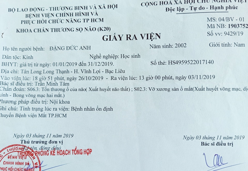 Nam sinh bị đánh chấn thương não: Hơn 7 tháng, chưa có kết luận thỏa đáng - 3 Nam sinh bị đánh chấn thương não: Hơn 7 tháng, chưa có kết luận thỏa đáng - 3