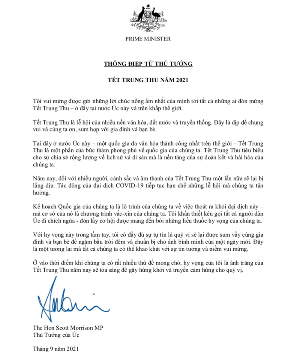Thủ tướng Australia Scott Morrison gửi thư chúc mừng tết Trung thu - 1 Thủ tướng Australia Scott Morrison gửi thư chúc mừng tết Trung thu - 1