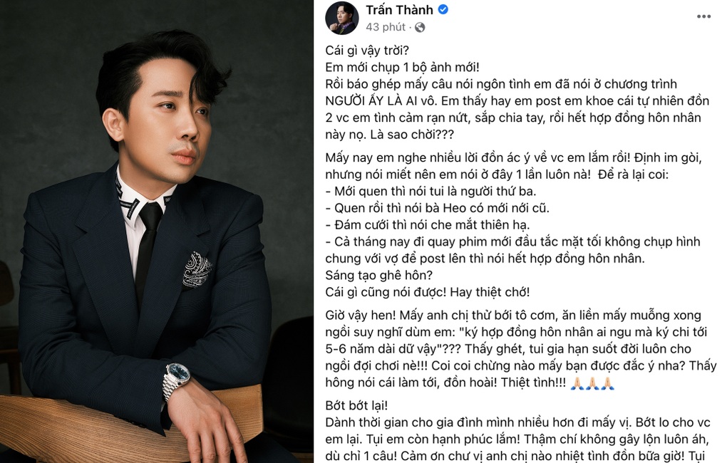 Trấn Thành nói rõ về tin đồn ly hôn, thực hư hợp đồng hôn nhân với Hari Won - 1 Trấn Thành nói rõ về tin đồn ly hôn, thực hư hợp đồng hôn nhân với Hari Won - 1