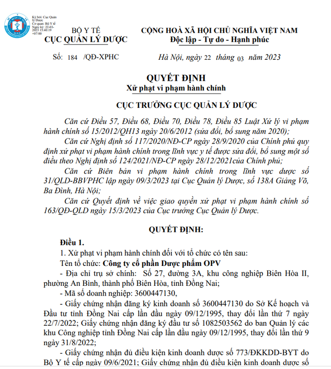 Cục Quản lý Dược (Bộ Y tế) ban hành Quyết định số 184/QĐ-XPHC về việc xử phạt vi phạm hành chính đối với Công ty cổ phần Dược phẩm OPV.