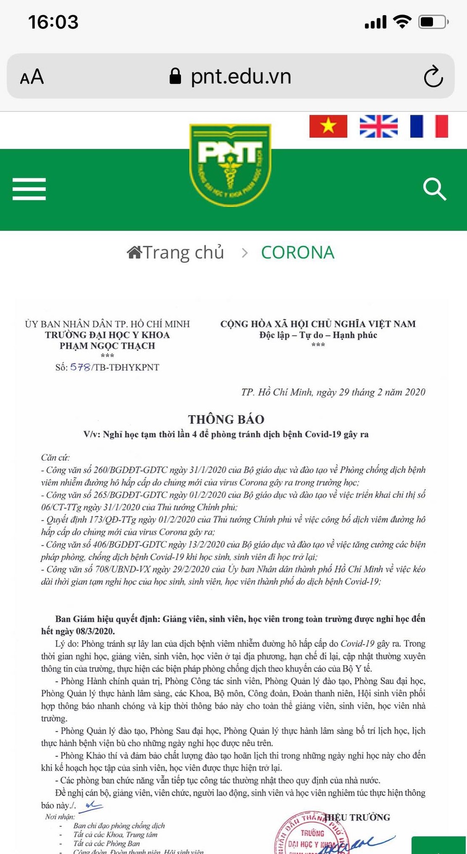 thông báo nghỉ học của trường Y phạm ngọc thạch lúc 16g chiều nay.jpg thông báo nghỉ học của trường Y phạm ngọc thạch lúc 16g chiều 29.2.jpg