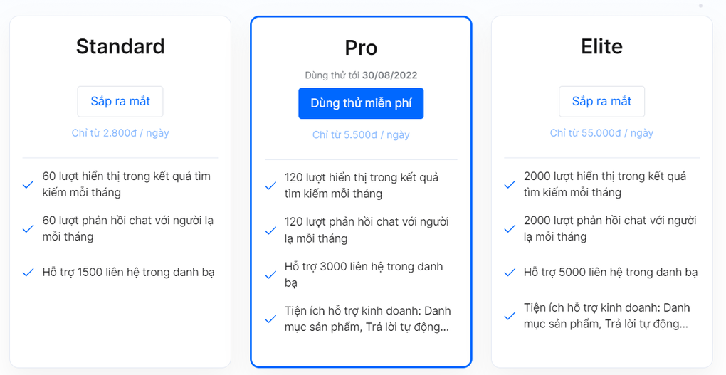 Sự khác biệt về tính năng giữa tài khoản miễn phí và các gói thu phí của Zalo (Ảnh: Zalo). Sự khác biệt về tính năng giữa tài khoản miễn phí và các gói thu phí của Zalo (Ảnh: Zalo).