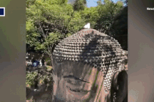 Du khách trốn bảo vệ, trèo lên đầu tượng Phật khổng lồ ngồi thiền