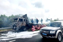 Xe tải chở ngô tươi bất ngờ bốc cháy trơ khung trên cao tốc