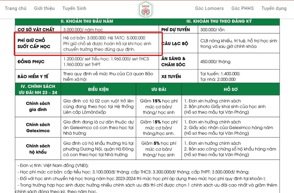 Hà Nội: Trường tư yêu cầu đặt cọc giữ chỗ, mức đóng cao nhất 5 triệu đồng - 2 Hà Nội: Trường tư yêu cầu đặt cọc giữ chỗ, mức đóng cao nhất 5 triệu đồng - 2
