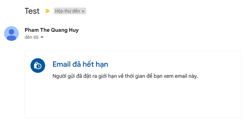 Nội dung email sẽ bị xóa và không còn xem được nếu người gửi vô hiệu hóa email hoặc đến thời điểm email bị vô hiệu hóa quyền truy cập (Ảnh chụp màn hình). Nội dung email sẽ bị xóa và không còn xem được nếu người gửi vô hiệu hóa email hoặc đến thời điểm email bị vô hiệu hóa quyền truy cập (Ảnh chụp màn hình).