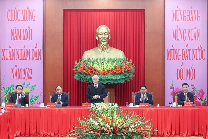 Tổng Bí thư Nguyễn Phú Trọng chủ trì cuộc gặp mặt các đồng chí lãnh đạo, nguyên lãnh đạo Đảng, Nhà nước. Ảnh: VGP/Nhật Bắc