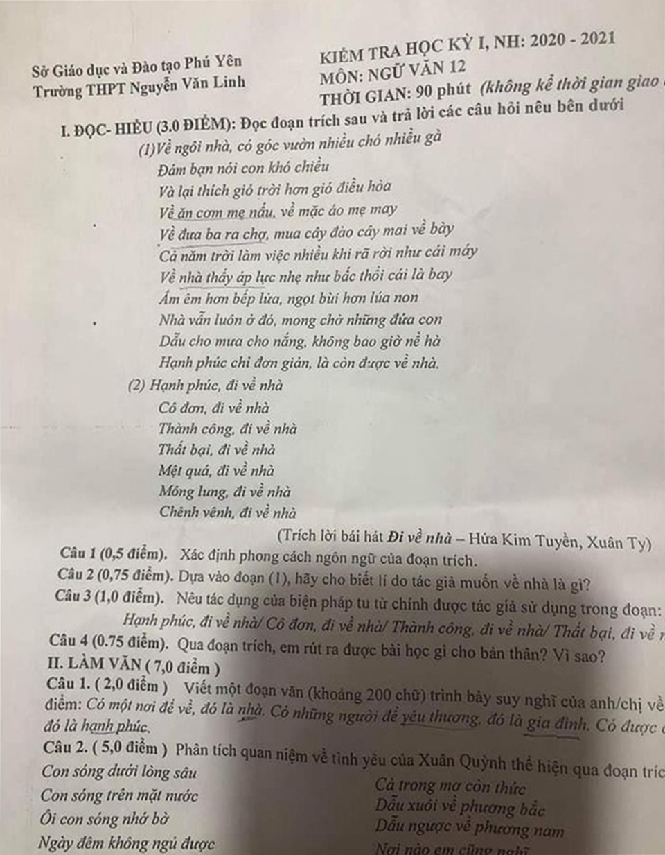 Lời bài hát Đi về nhà của ca sỹ Đen Vâu vào đề thi học kỳ lớp 12 - 1 Lời bài hát Đi về nhà của ca sỹ Đen Vâu vào đề thi học kỳ lớp 12 - 1