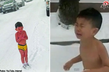 Sốc video bé 4 tuổi bị cha bắt cởi trần chạy trong tuyết lạnh