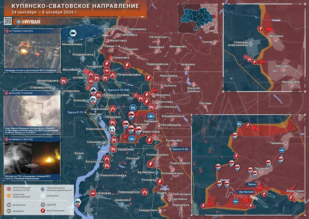 Bản đồ chiến sự Ukraine tại Kupyansk ngày 8/10. Trong đó, Nga kiểm soát phần màu nâu, các mũi tên đỏ thể hiện hướng tấn công của họ và khu vực màu đỏ là nơi họ mới giành được (Ảnh: Rybar).