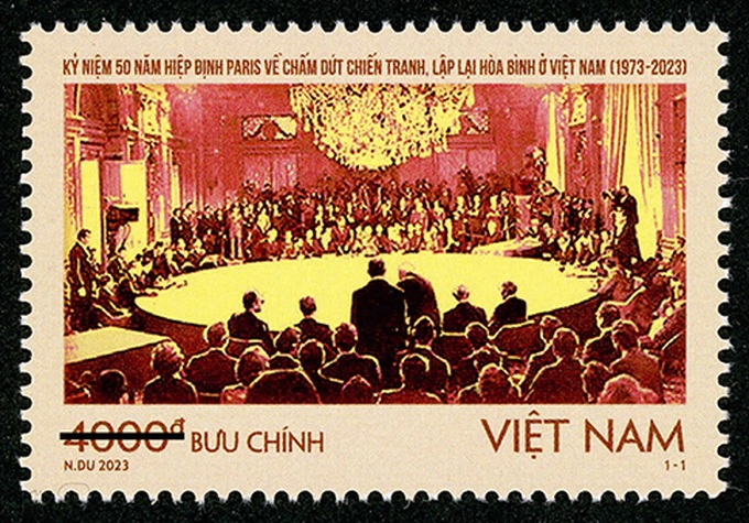 Mẫu bộ tem “Kỷ niệm 50 năm Hiệp định Paris về chấm dứt chiến tranh, lập lại hòa bình ở Việt Nam (1973-2023)”.