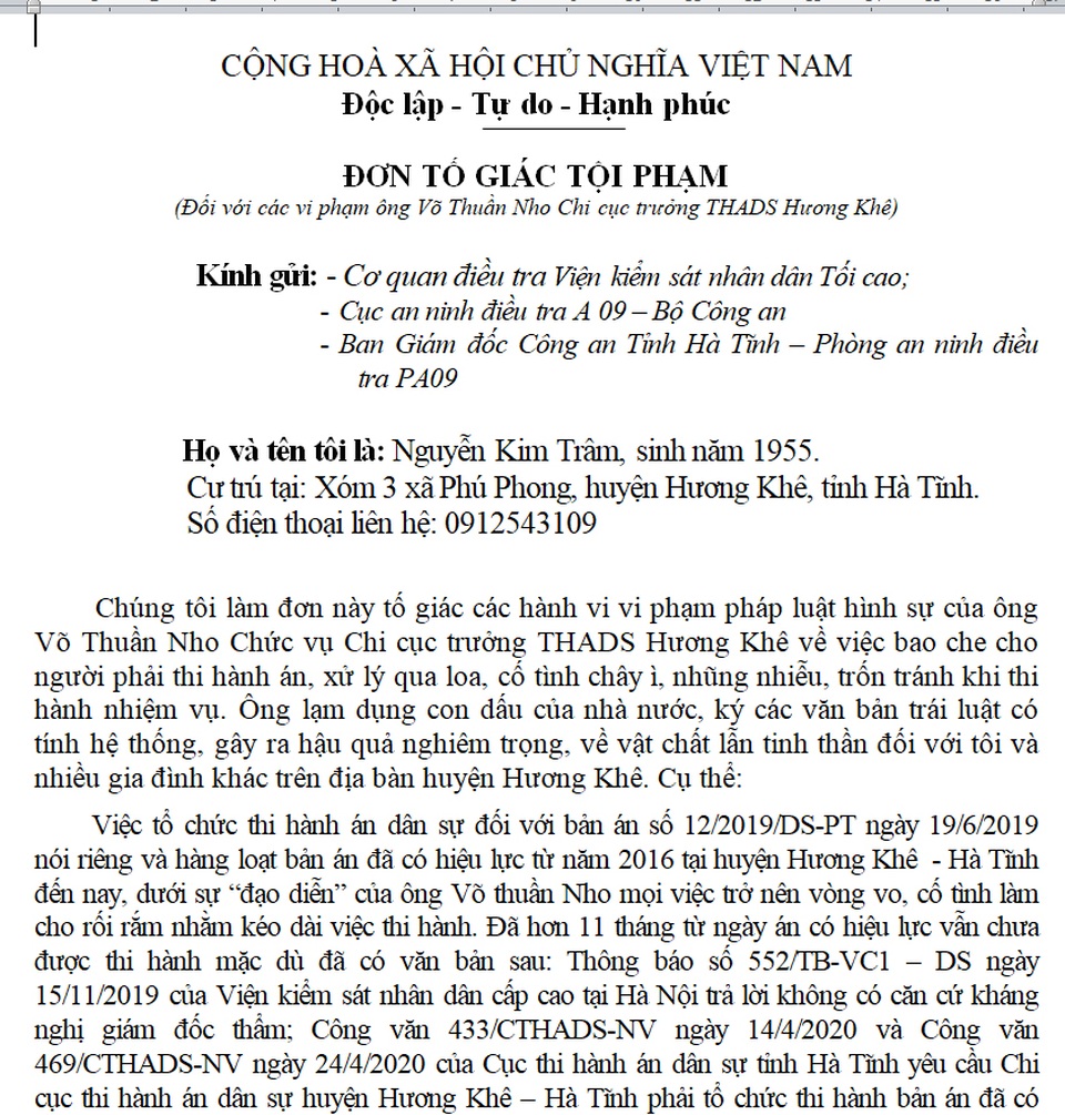 Đương sự tố giác Chi cục trưởng hành dân tới nhiều cơ quan Trung ương - 1 Đương sự tố giác Chi cục trưởng hành dân tới nhiều cơ quan Trung ương - 1