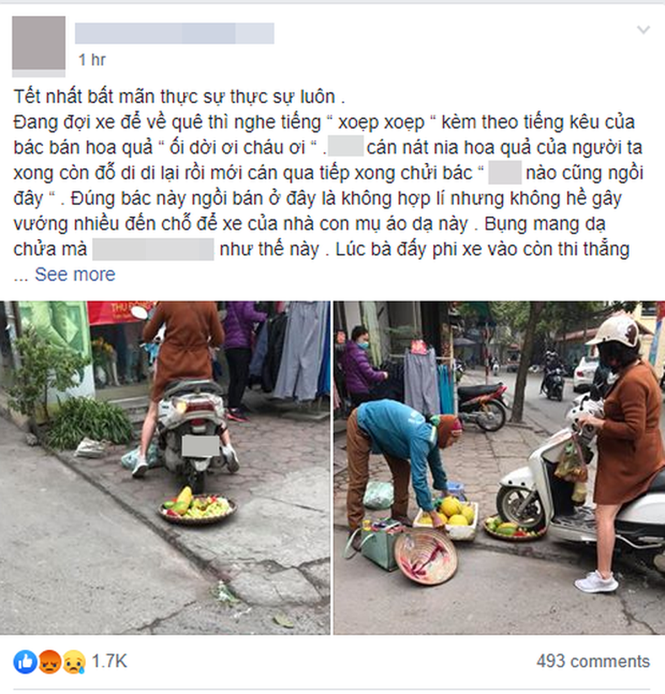 Xôn xao chuyện người phụ nữ cố tình chèn xe vào mẹt hoa quả của bà hàng rong - 1 Xôn xao chuyện người phụ nữ cố tình chèn xe vào mẹt hoa quả của bà hàng rong - 1