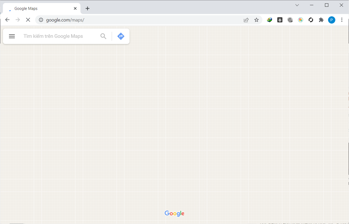 Phiên bản Google Maps trên trình duyệt web máy tính cũng không hiển thị được gì (Ảnh chụp màn hình). Phiên bản Google Maps trên trình duyệt web máy tính cũng không hiển thị được gì (Ảnh chụp màn hình).