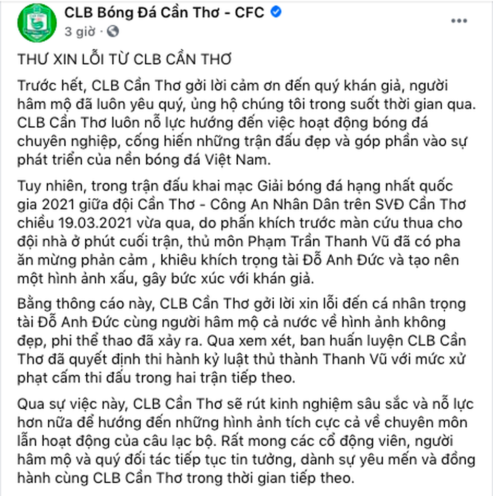 CLB Cần Thơ treo giò nội bộ 2 trận thủ môn khiêu khích trọng tài - 2 CLB Cần Thơ treo giò nội bộ 2 trận thủ môn khiêu khích trọng tài - 2