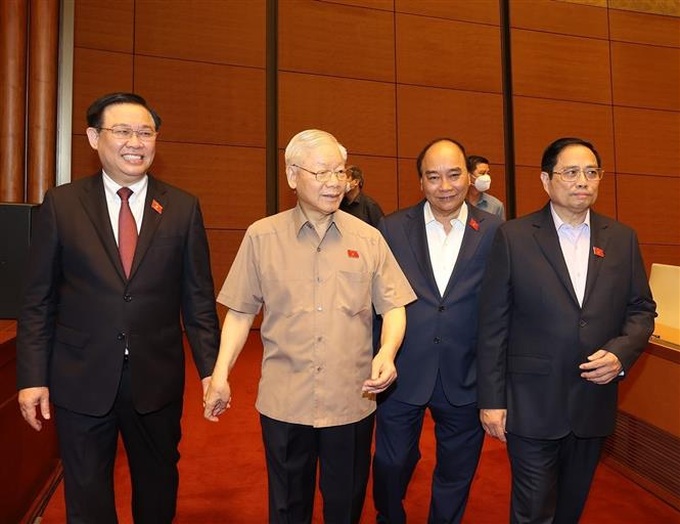 Tổng Bí thư Nguyễn Phú Trọng, Chủ tịch nước Nguyễn Xuân Phúc, Thủ tướng Chính phủ Phạm Minh Chính ,Chủ tịch Quốc hội Vương Đình Huệ dự phiên họp.