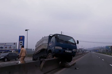 Tránh đàn bò, xe tải húc nhau bay lên dải phân cách