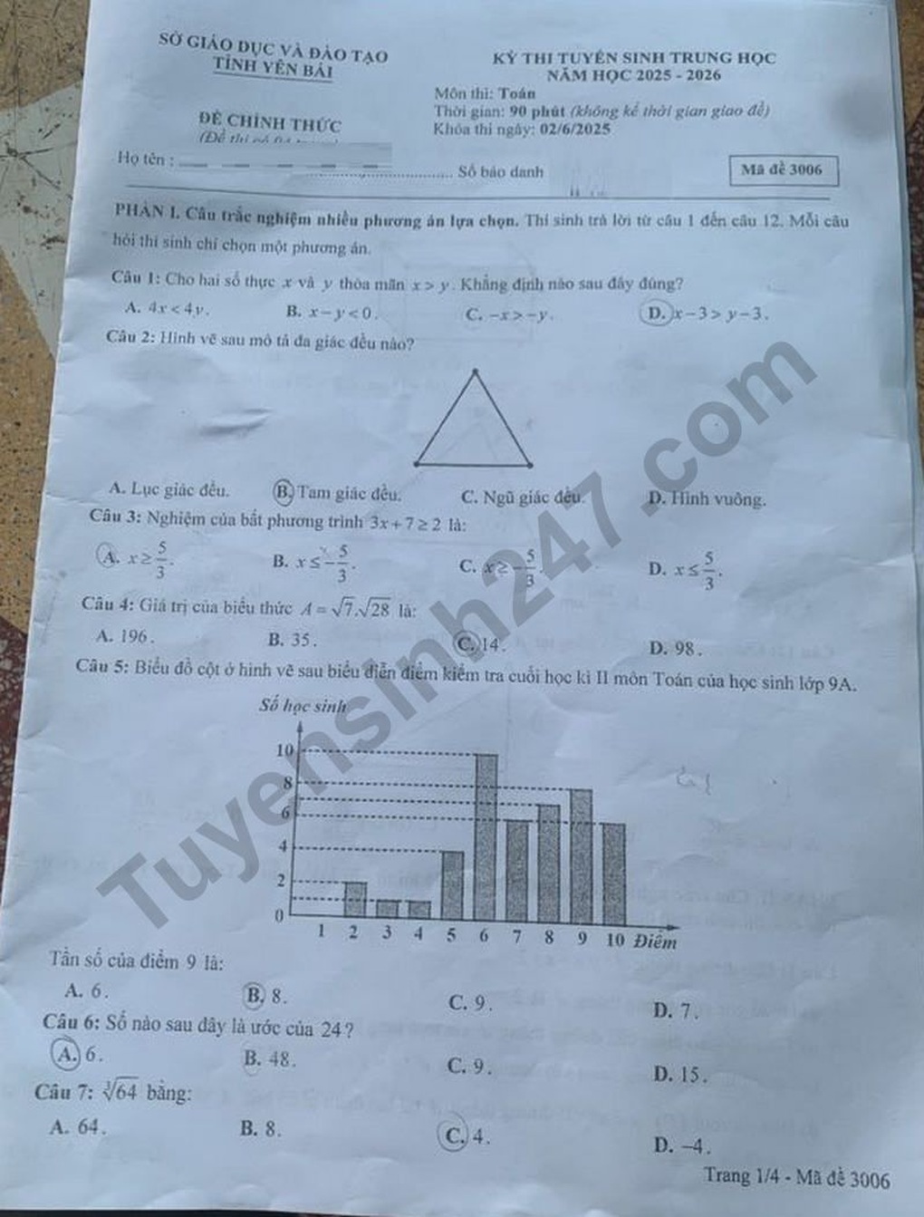 Questions et réponses de mathématiques pour l'examen d'entrée en 10e année dans la province de Yen Bai 2025 - 1 Đề và đáp án môn toán thi vào lớp 10 tỉnh Yên Bái 2025 - 1