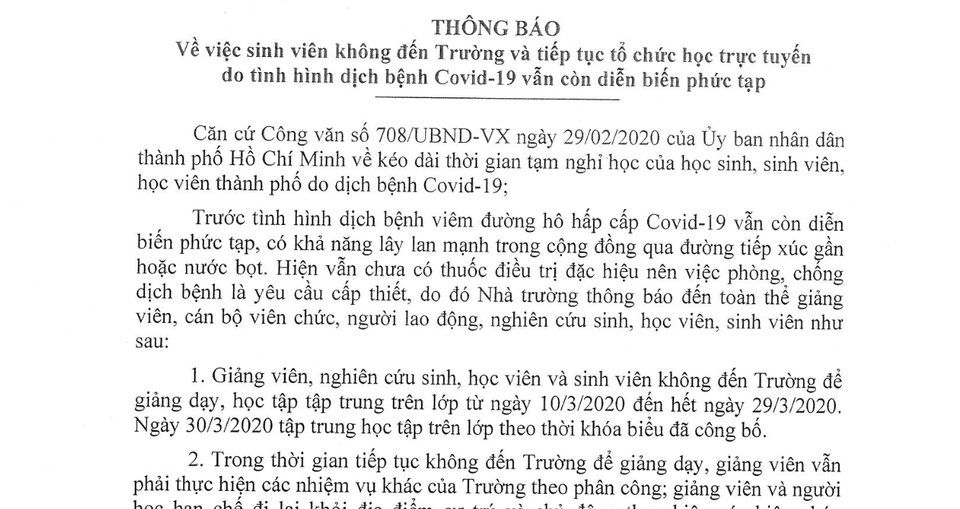 Thêm một trường đại học tại TPHCM hoãn học tập trung đến cuối tháng 3 - 2 Thêm một trường đại học tại TPHCM hoãn học tập trung đến cuối tháng 3 - 2