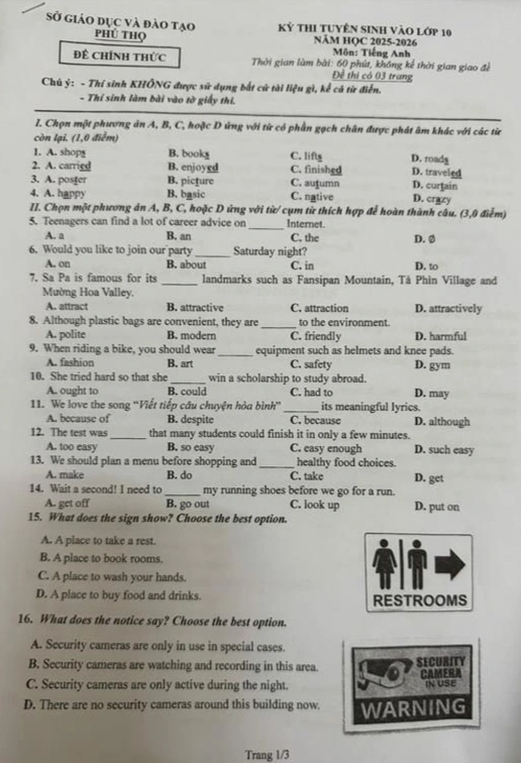 Preguntas y respuestas del examen de inglés y matemáticas para el grado 10 en Phu Tho - 1 Đề thi và đáp án môn tiếng Anh, toán thi lớp 10 của Phú Thọ - 1