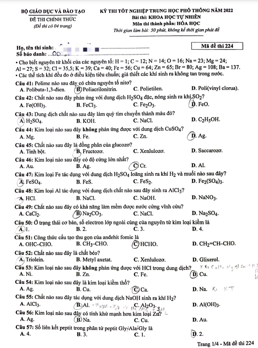 Đề thi môn Hóa học tốt nghiệp THPT 2022 - 1 Đề thi môn Hóa học tốt nghiệp THPT 2022 - 1