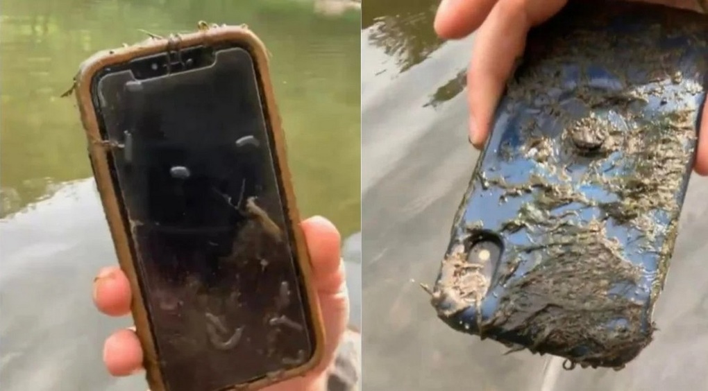 Chiếc iPhone XR bị dính đầy bùn và rêu sau 10 tháng chìm dưới đáy sông (Ảnh: Miguel Pachaco). Chiếc iPhone XR bị dính đầy bùn và rêu sau 10 tháng chìm dưới đáy sông (Ảnh: Miguel Pachaco).