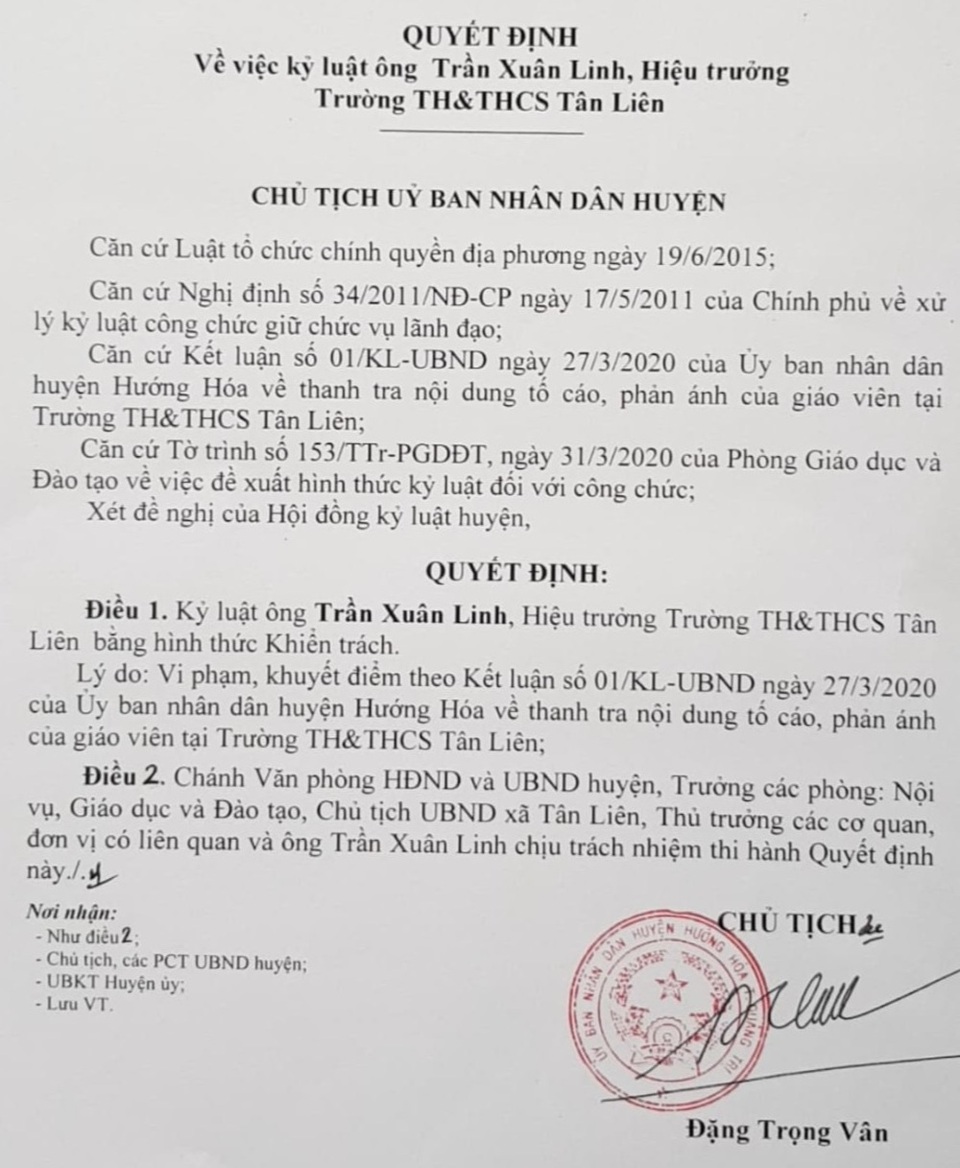 Hiệu trưởng mượn tiền giáo viên bị kỷ luật khiển trách - 1 Hiệu trưởng mượn tiền giáo viên bị kỷ luật khiển trách - 1