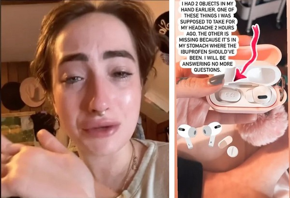 Carli bật khóc khi phát hiện ra mình nuốt nhầm một bên tai nghe AirPods, thay vì viên thuốc giảm đau (Ảnh: TikTok Carli Bellmer). Carli bật khóc khi phát hiện ra mình nuốt nhầm một bên tai nghe AirPods, thay vì viên thuốc giảm đau (Ảnh: TikTok Carli Bellmer).