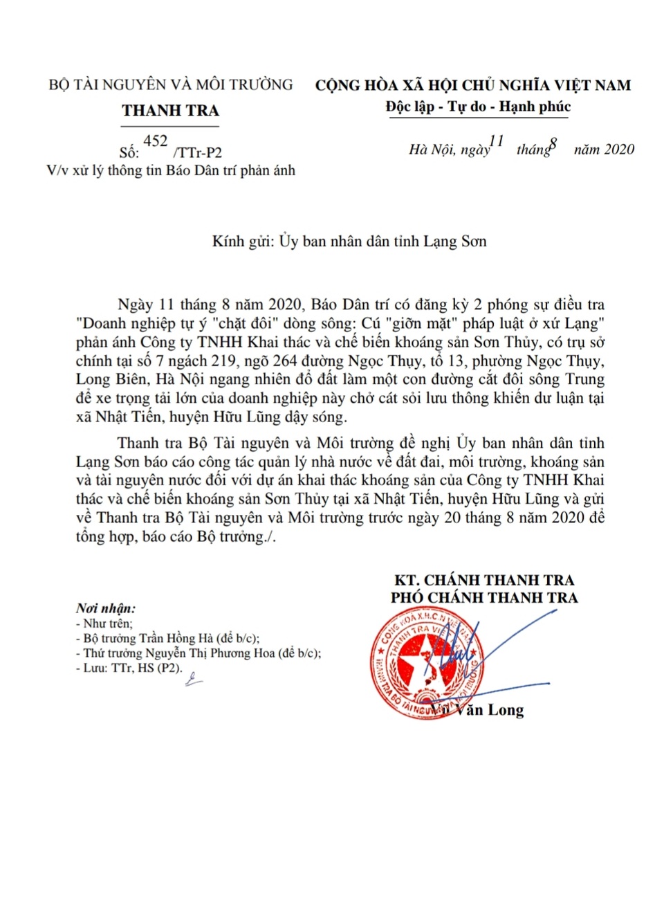 Bộ Tài nguyên và Môi trường vào cuộc vụ “cắt đôi” dòng sông ly kỳ ở xứ Lạng - 1 Bộ Tài nguyên và Môi trường vào cuộc vụ “cắt đôi” dòng sông ly kỳ ở xứ Lạng - 1
