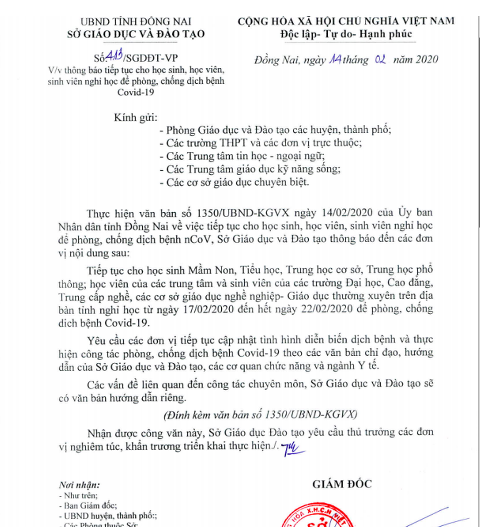 Sau quyết định đi học lại, Đồng Nai thông báo khẩn cho HS nghỉ học đến 22/2 - 1 Sau quyết định đi học lại, Đồng Nai thông báo khẩn cho HS nghỉ học đến 22/2 - 1