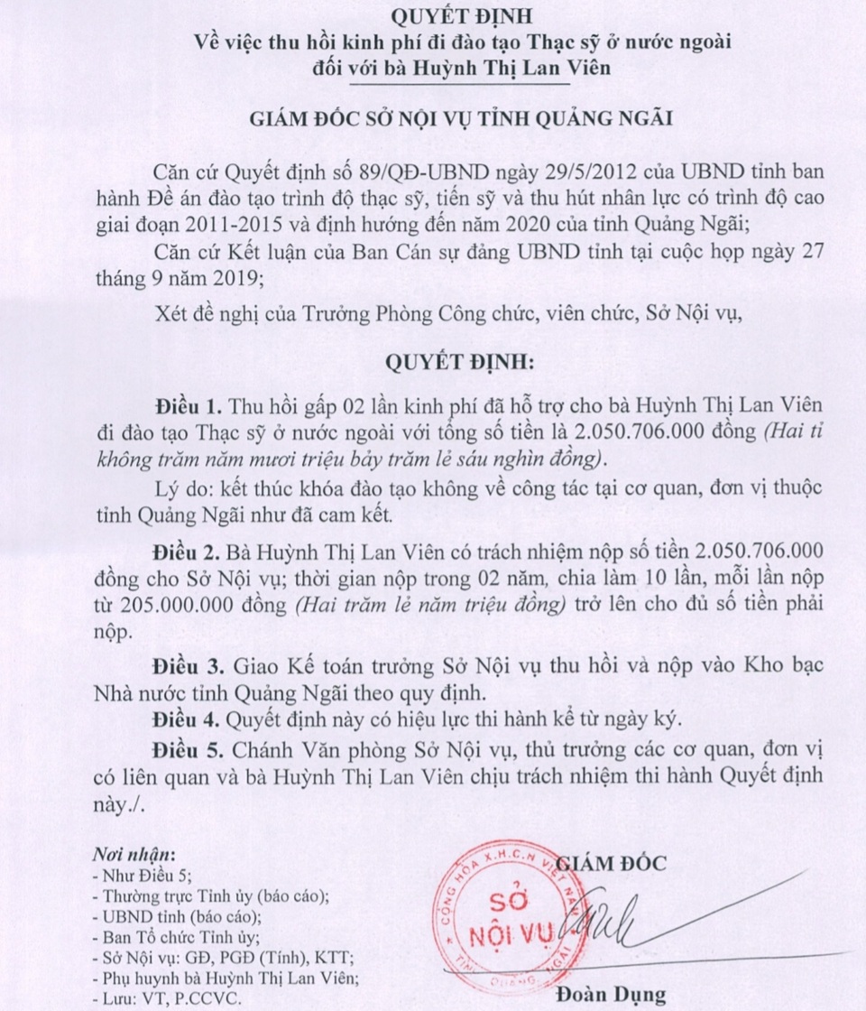 Con lãnh đạo vi phạm cam kết du học đã hoàn trả bao nhiêu tiền? - 1 Con lãnh đạo vi phạm cam kết du học đã hoàn trả bao nhiêu tiền? - 1