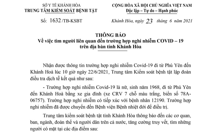 Khánh Hòa tìm người liên quan đến trường hợp nghi nhiễm COVID-19