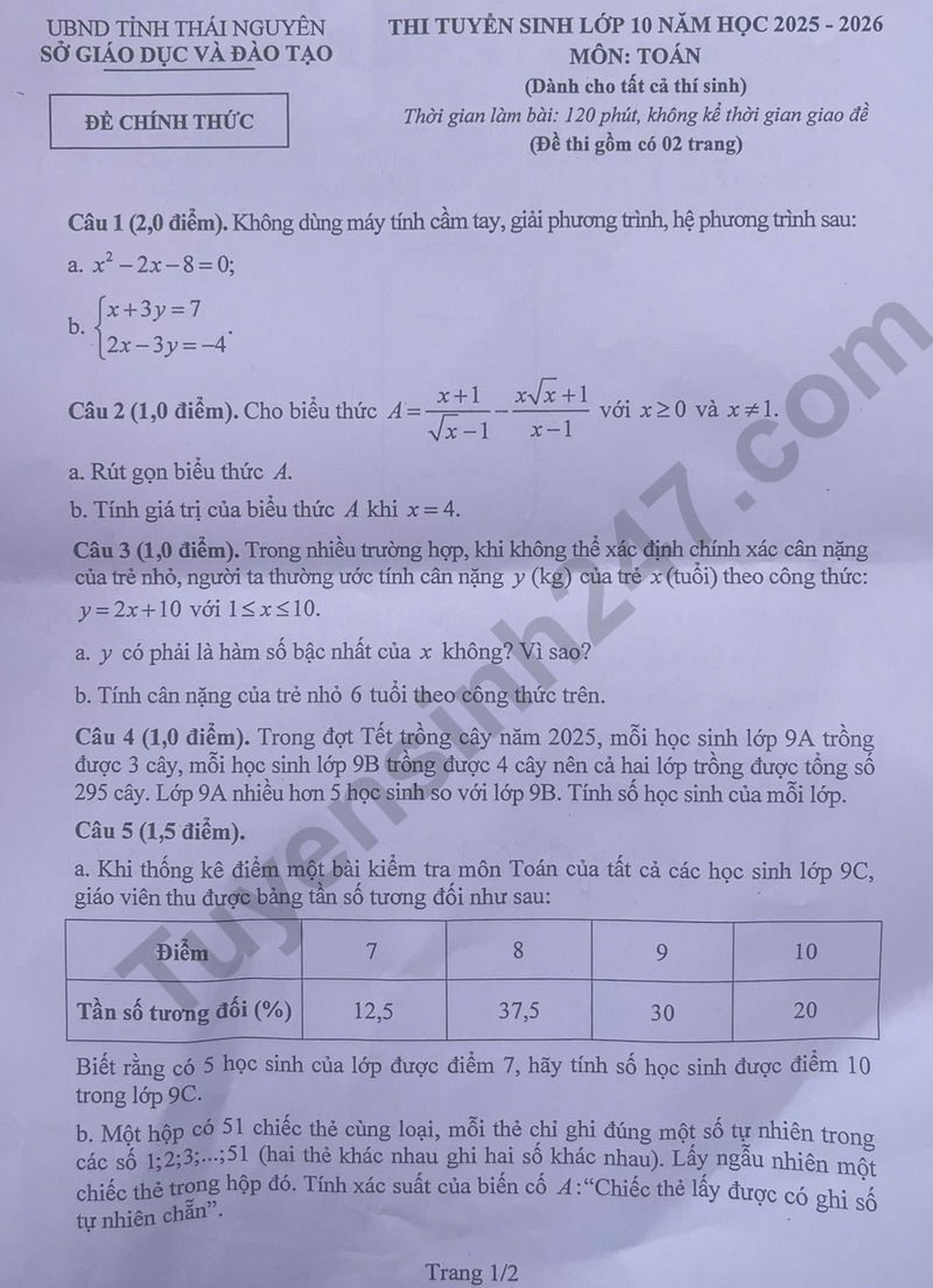 Đề thi, đáp án môn tiếng Anh, toán thi lớp 10 của Thái Nguyên - 6 Đề thi, đáp án môn tiếng Anh, toán thi lớp 10 của Thái Nguyên - 6