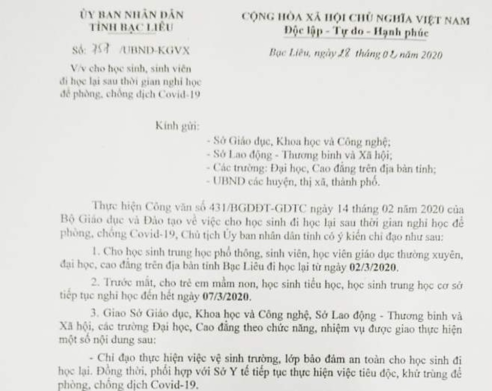 Bạc Liêu: Học sinh THPT đi học từ 2/3, từ THCS trở xuống nghỉ thêm 1 tuần - 1 Bạc Liêu: Học sinh THPT đi học từ 2/3, từ THCS trở xuống nghỉ thêm 1 tuần - 1