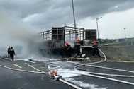 Tài xế lái xe tải đang bốc cháy vào làn dừng khẩn cấp
