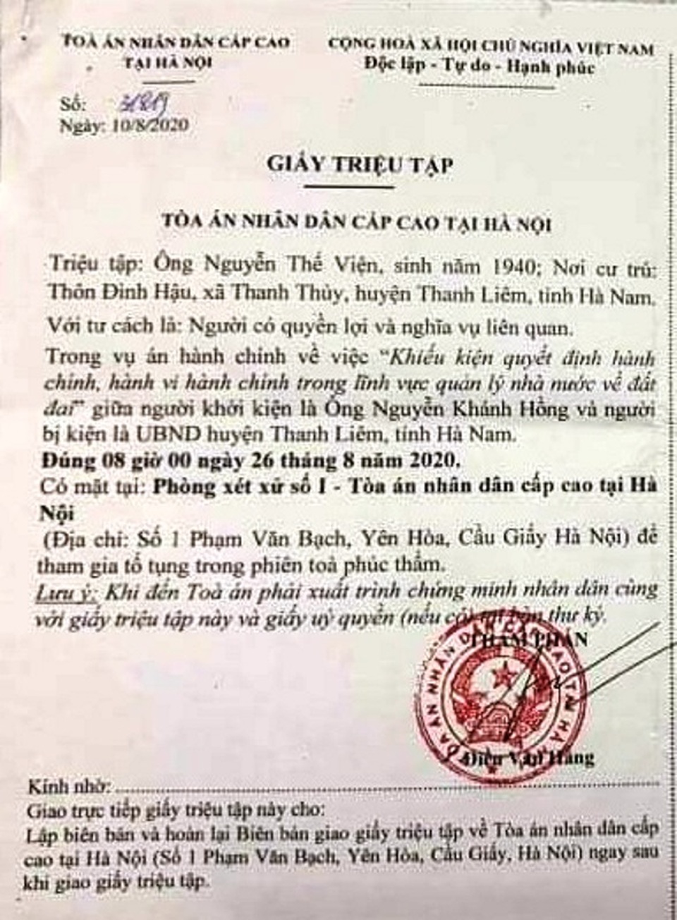 Vụ quyết định của huyện Thanh Liêm bị dân kiện: TAND Cấp cao đưa ra xét xử! - 1 Vụ quyết định của huyện Thanh Liêm bị dân kiện: TAND Cấp cao đưa ra xét xử! - 1