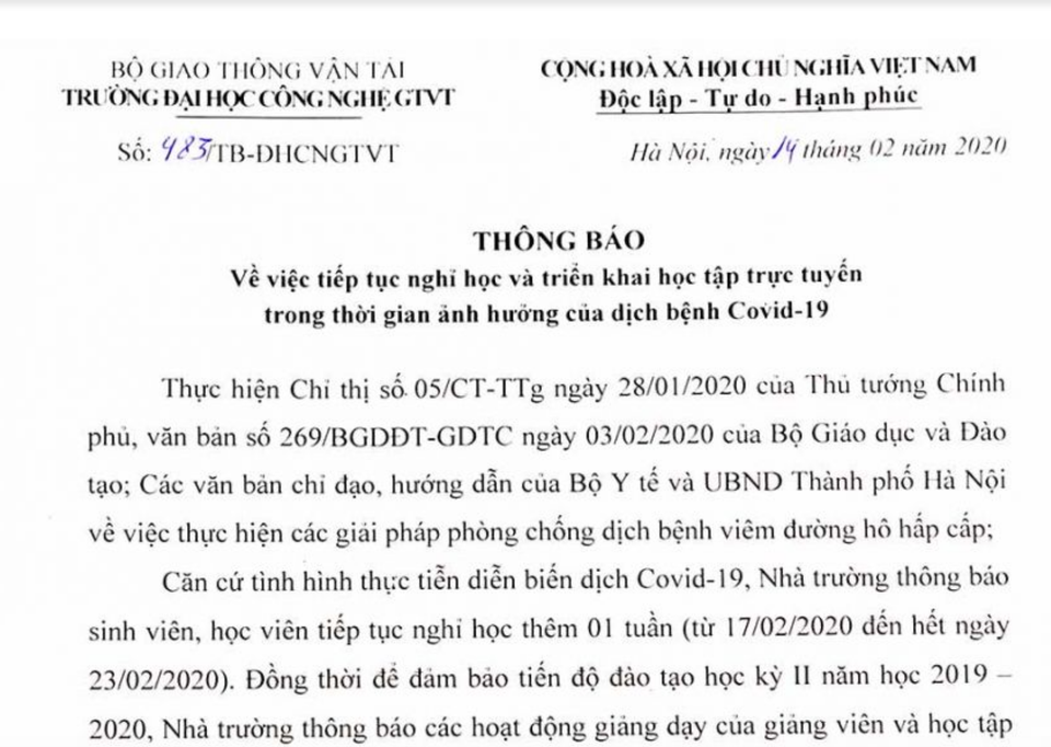 Hàng loạt trường đại học tiếp tục cho sinh viên nghỉ đến tuần cuối tháng 2 - 1 Hàng loạt trường đại học tiếp tục cho sinh viên nghỉ đến tuần cuối tháng 2 - 1