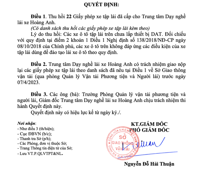 Quyết định thu hồi 55 giấy phép xe tập lái của hai trung tâm dạy nghề lái xe trên địa bàn tỉnh Bà Rịa - Vũng Tàu.