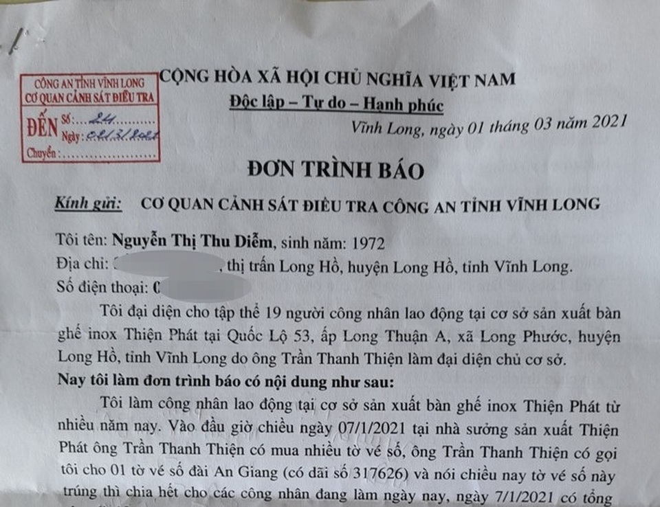 Nữ công nhân kiện ông chủ vì tờ vé số độc đắc 2 tỷ đồng - 1 Nữ công nhân kiện ông chủ vì tờ vé số độc đắc 2 tỷ đồng - 1