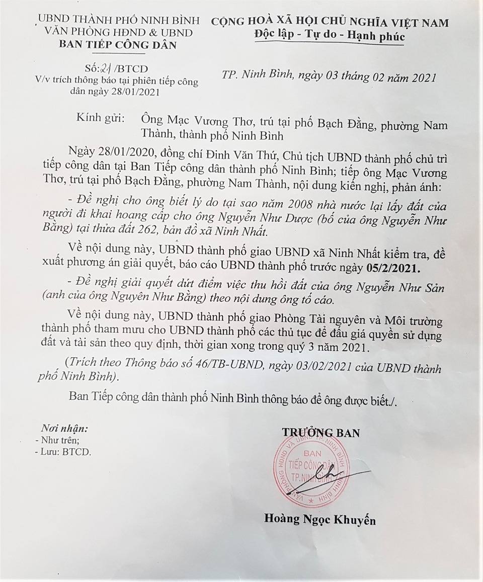 Thu hồi đất cấp khống cho chủ tịch xã: Tại sao TP Ninh Bình chưa thực hiện? - 3 Thu hồi đất cấp khống cho chủ tịch xã: Tại sao TP Ninh Bình chưa thực hiện? - 3