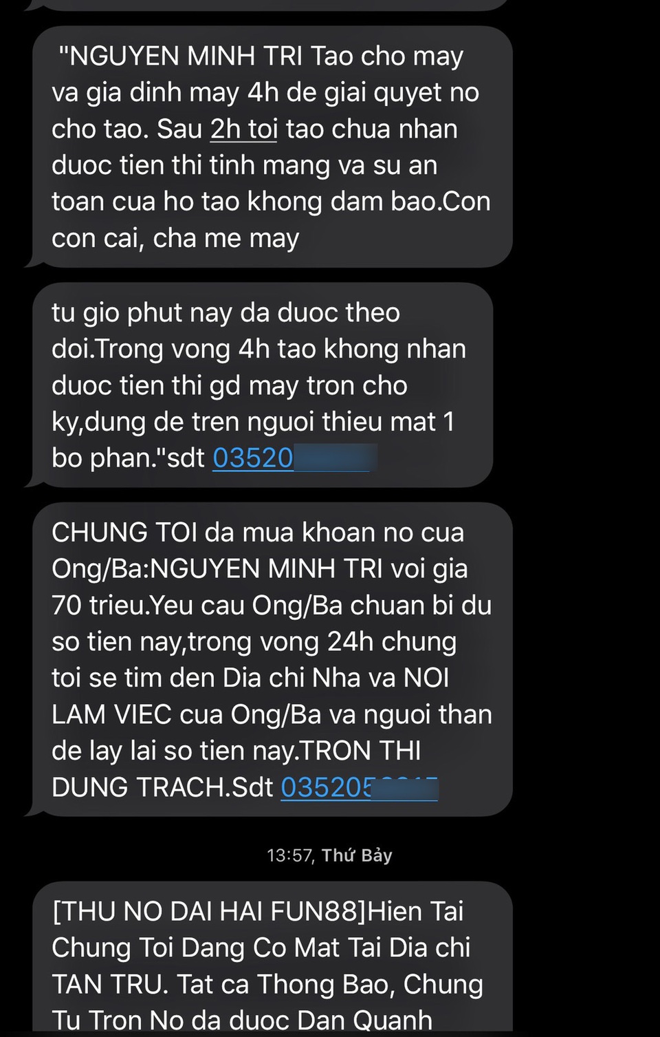 Cả gia đình bị nhắn tin đe dọa tính mạng sau khi vay tiền công ty tài chính - 1 Cả gia đình bị nhắn tin đe dọa tính mạng sau khi vay tiền công ty tài chính - 1
