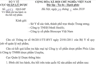 Đình chỉ lưu hành, thu hồi trên toàn quốc một loạt sản phẩm mỹ phẩm