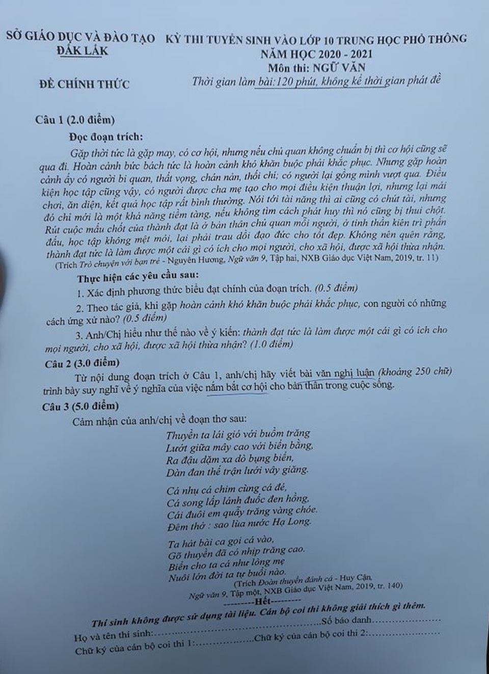 Đắk Lắk: Đề thi Văn vào lớp 10 bàn về nắm bắt cơ hội cho bản thân - 1 Đắk Lắk: Đề thi Văn vào lớp 10 bàn về nắm bắt cơ hội cho bản thân - 1