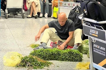 Khách tây ngồi nhặt rau muống tại sân bay Nội Bài