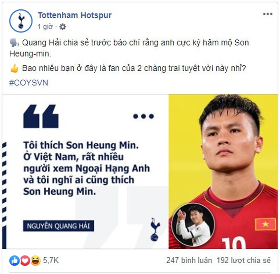 Tottenham bất ngờ đăng tin Quang Hải hâm mộ Son Heung Min - 1 Tottenham bất ngờ đăng tin Quang Hải hâm mộ Son Heung Min - 1