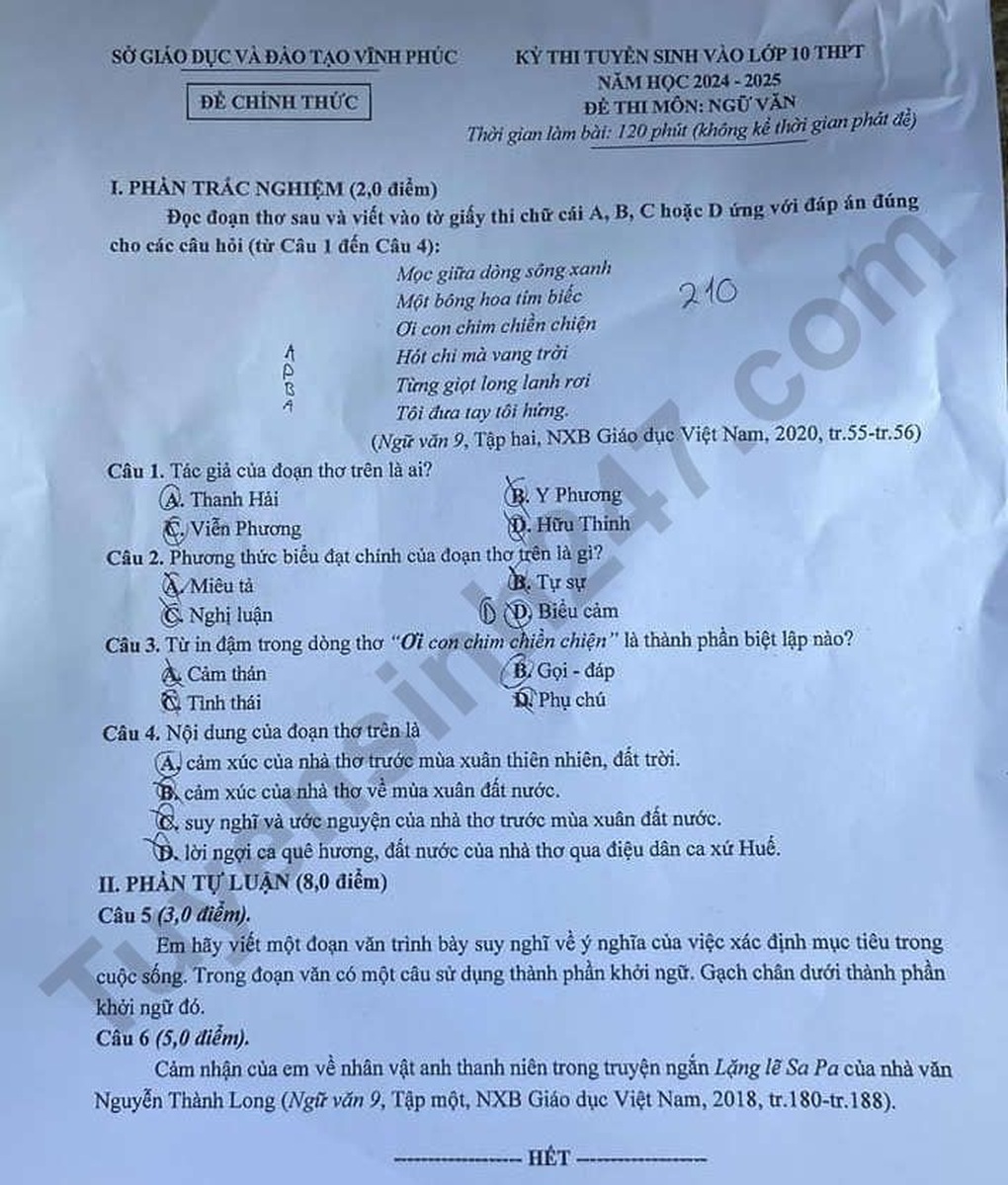 Đề thi và đáp án môn ngữ văn, tiếng Anh vào lớp 10 tỉnh Vĩnh Phúc năm 2024 - 1